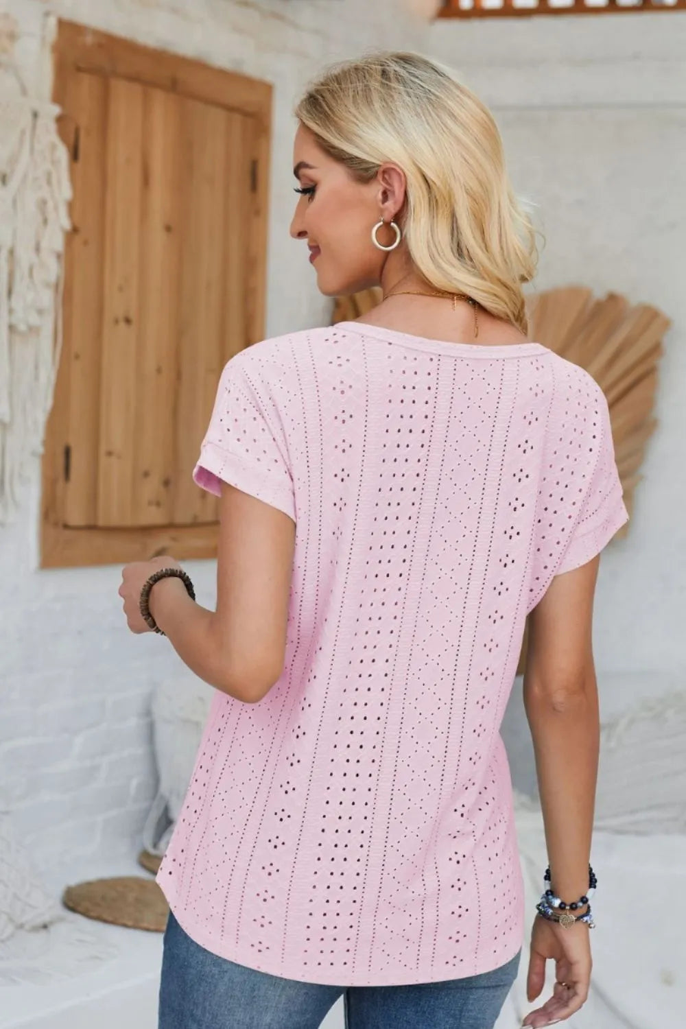 Eyelet Round Neck Rolled Short Sleeve T-Shirt - Korvel