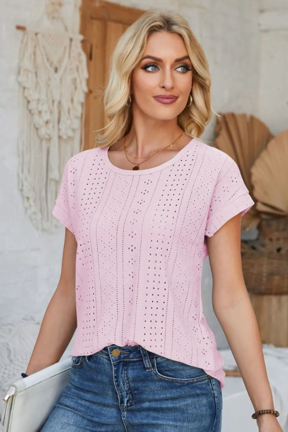 Eyelet Round Neck Rolled Short Sleeve T-Shirt - Korvel