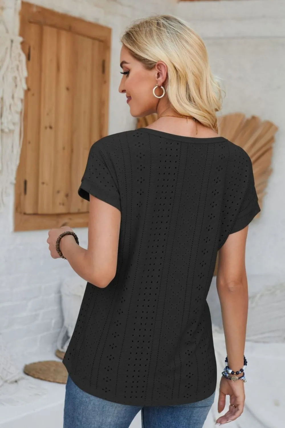 Eyelet Round Neck Rolled Short Sleeve T-Shirt - Korvel