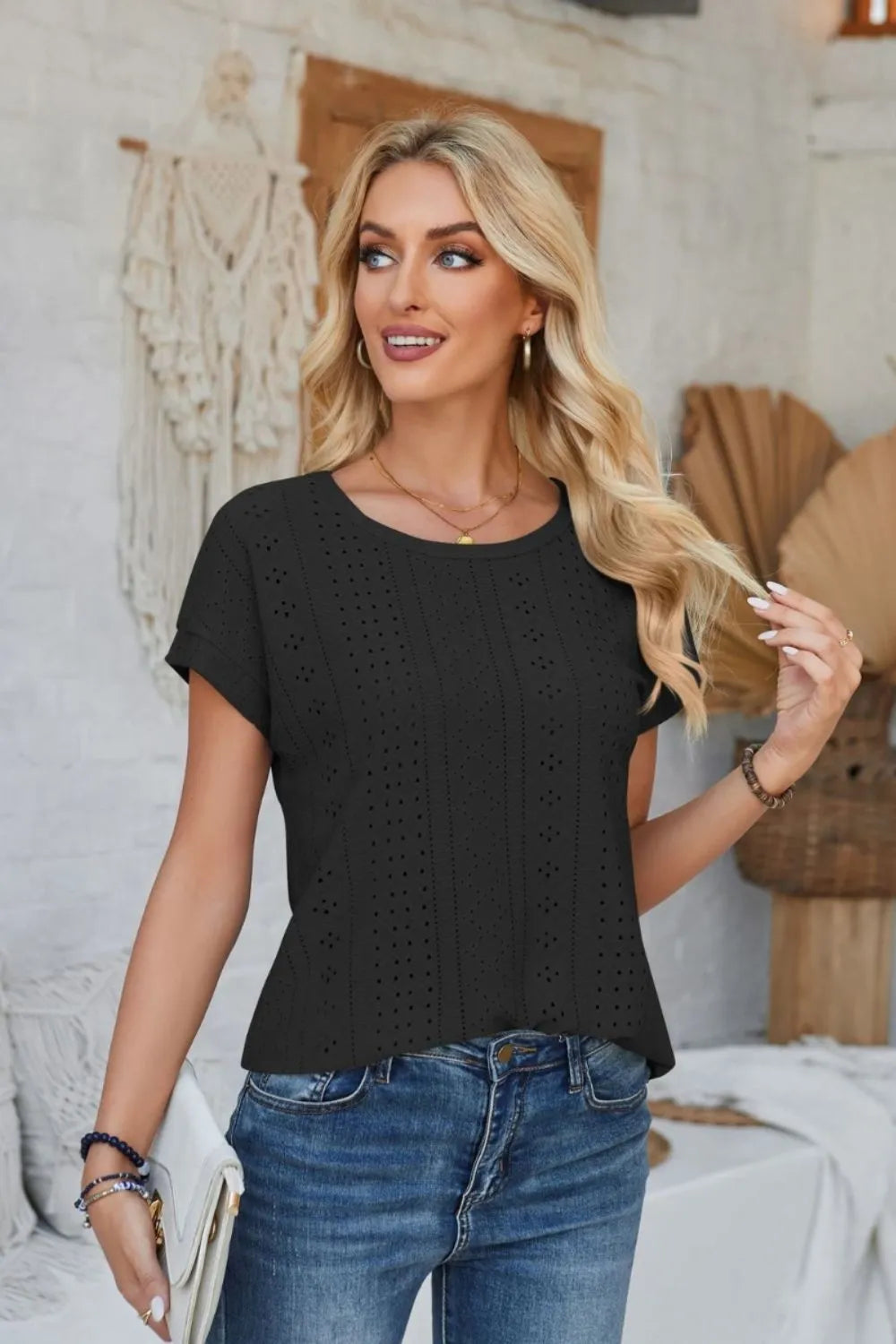 Eyelet Round Neck Rolled Short Sleeve T-Shirt - Korvel