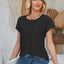 Eyelet Round Neck Rolled Short Sleeve T-Shirt - Korvel