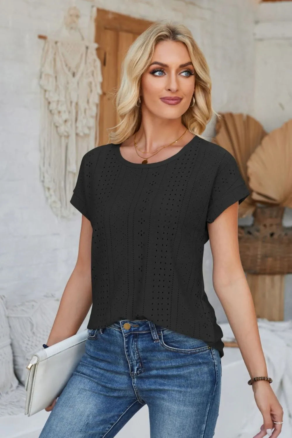 Eyelet Round Neck Rolled Short Sleeve T-Shirt - Korvel