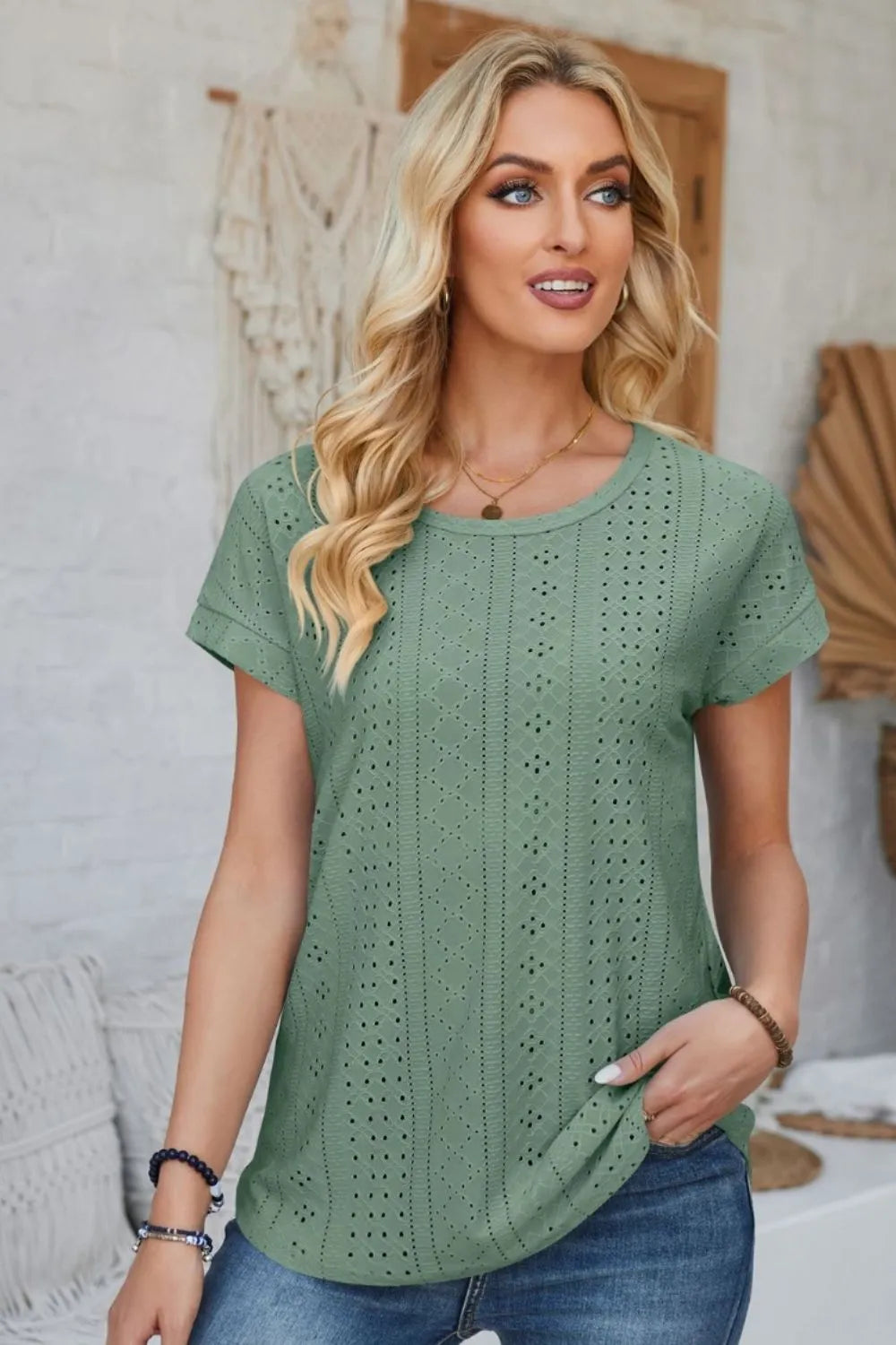 Eyelet Round Neck Rolled Short Sleeve T-Shirt - Korvel