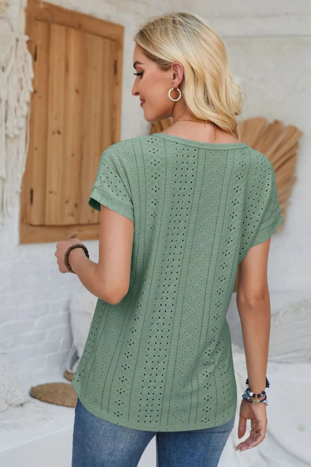 Eyelet Round Neck Rolled Short Sleeve T-Shirt - Korvel
