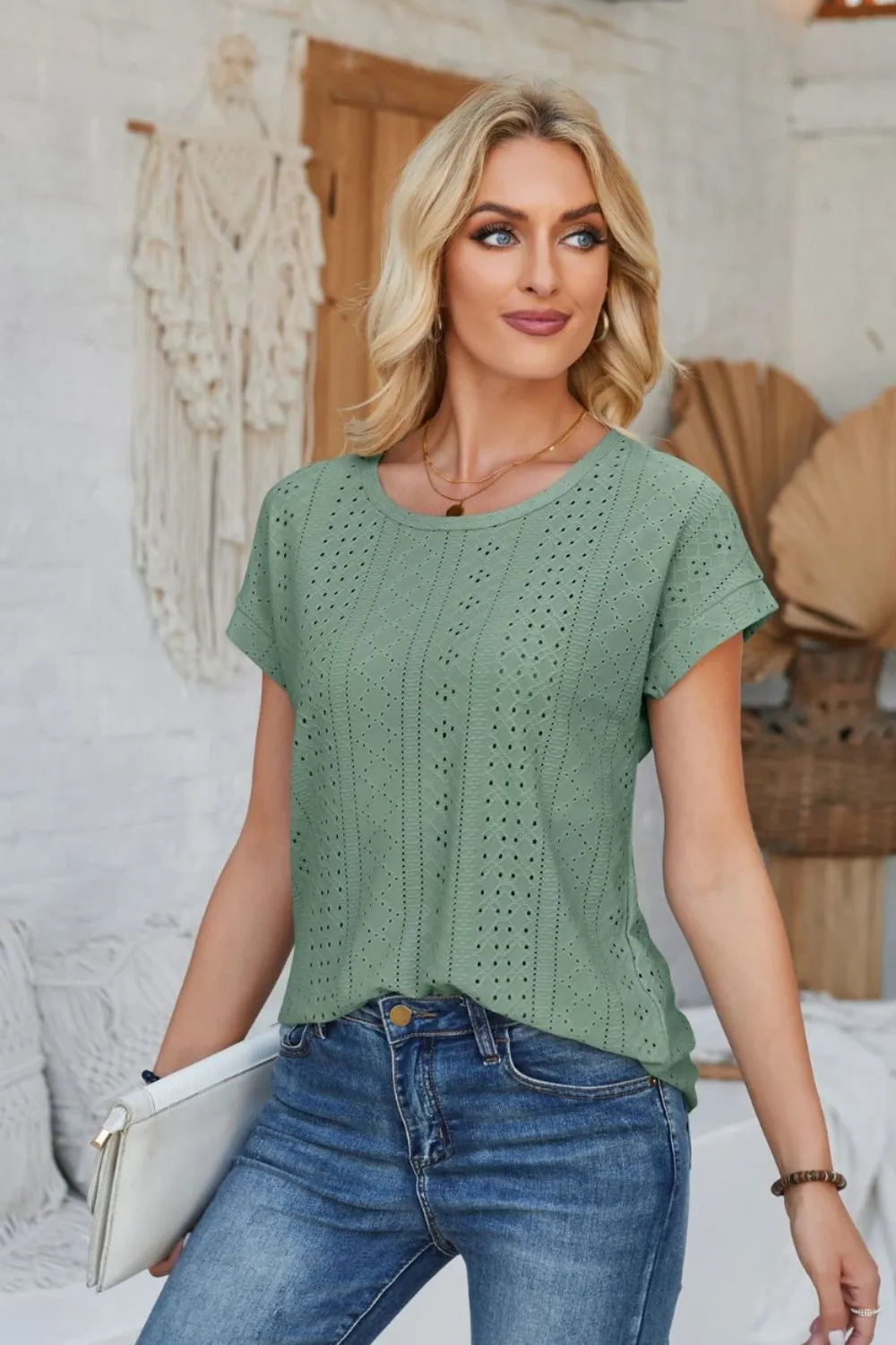 Eyelet Round Neck Rolled Short Sleeve T-Shirt - Korvel