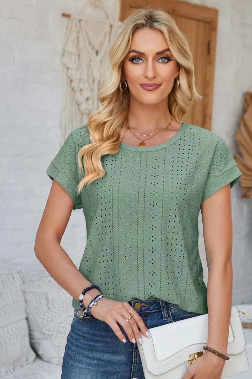 Eyelet Round Neck Rolled Short Sleeve T-Shirt - Korvel