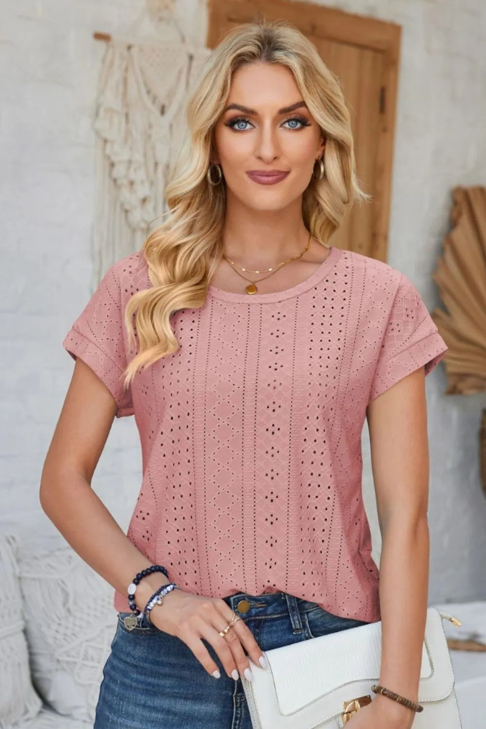 Eyelet Round Neck Rolled Short Sleeve T-Shirt - Korvel
