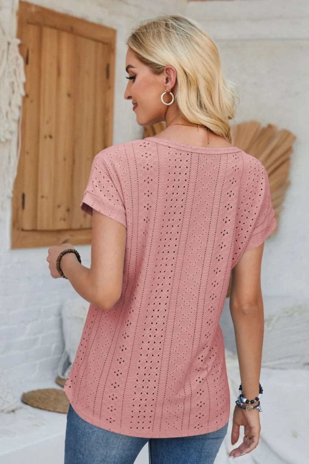 Eyelet Round Neck Rolled Short Sleeve T-Shirt - Korvel