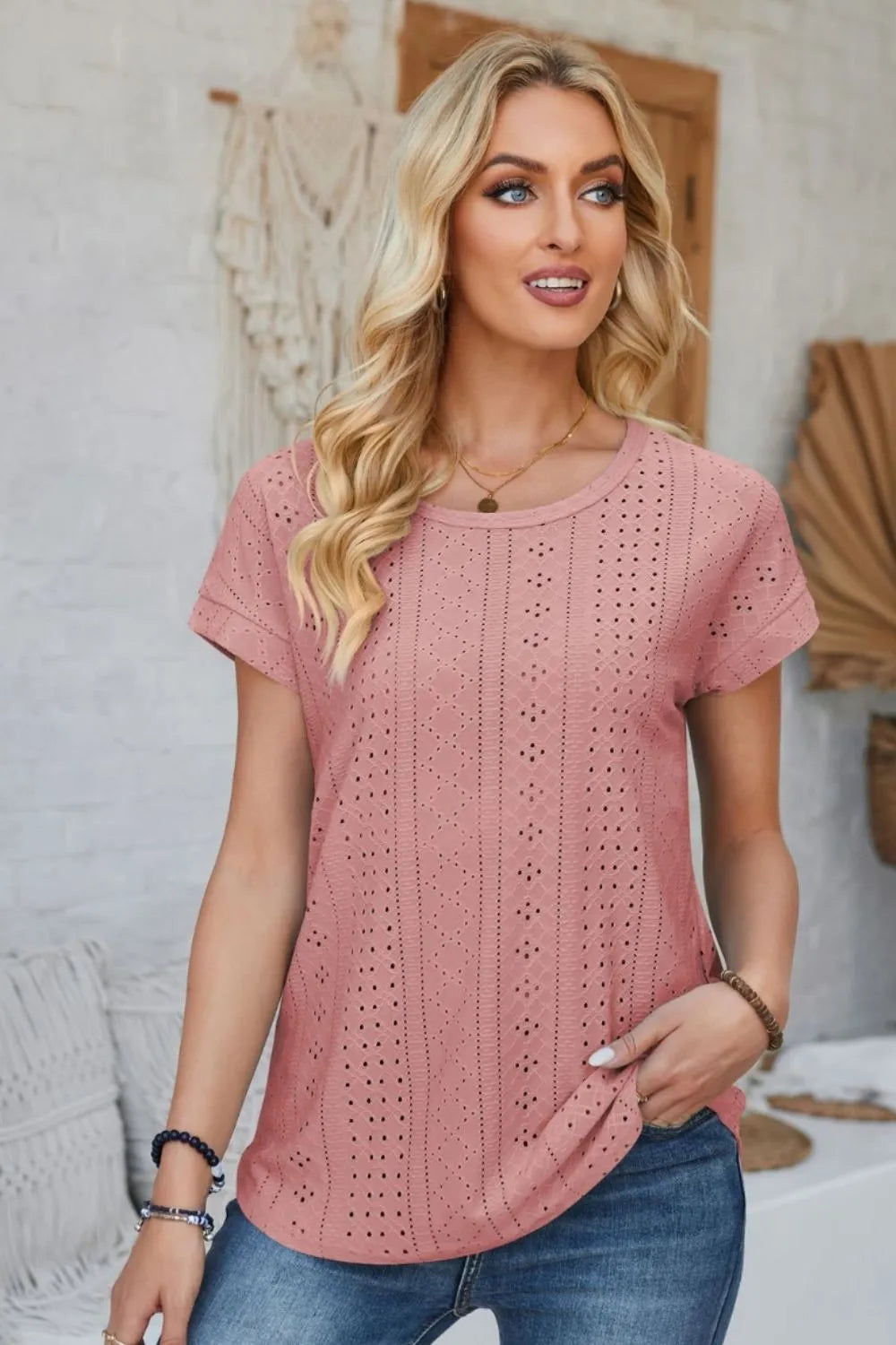 Eyelet Round Neck Rolled Short Sleeve T-Shirt - Korvel