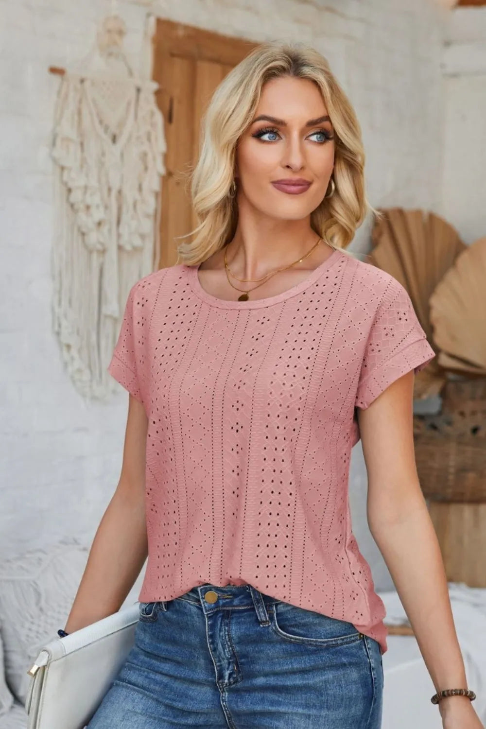 Eyelet Round Neck Rolled Short Sleeve T-Shirt - Korvel