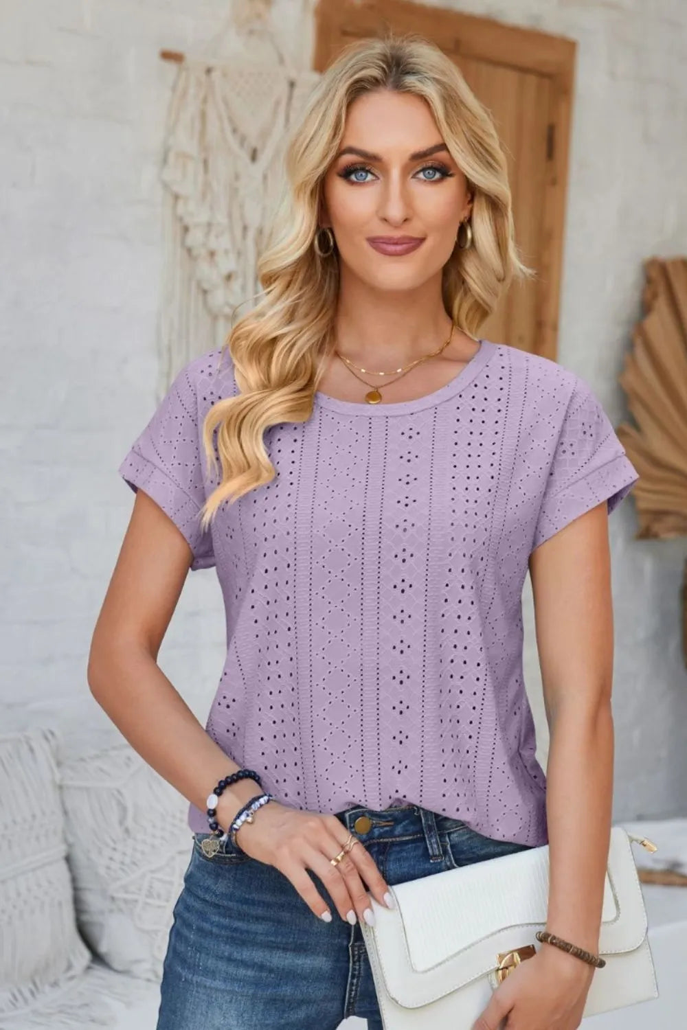 Eyelet Round Neck Rolled Short Sleeve T-Shirt - Korvel