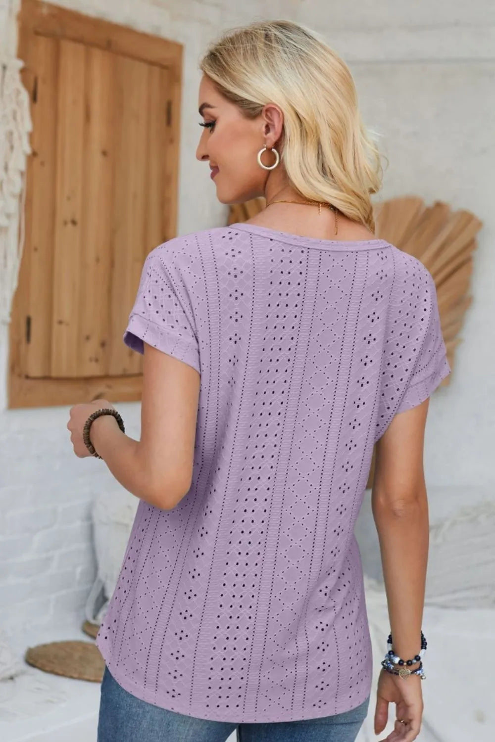 Eyelet Round Neck Rolled Short Sleeve T-Shirt - Korvel
