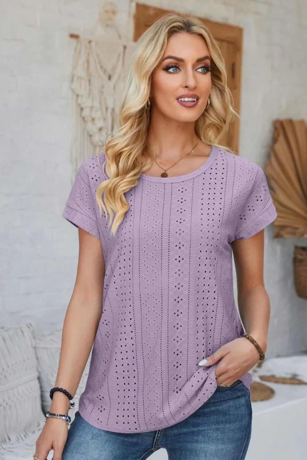 Eyelet Round Neck Rolled Short Sleeve T-Shirt - Korvel