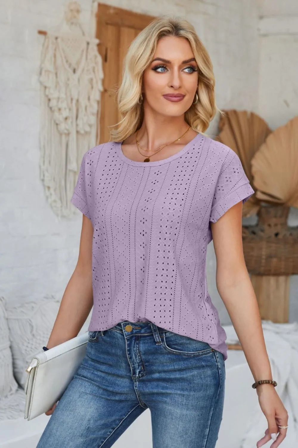 Eyelet Round Neck Rolled Short Sleeve T-Shirt - Korvel