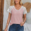 Eyelet V-Neck Lace Short Sleeve T-Shirt