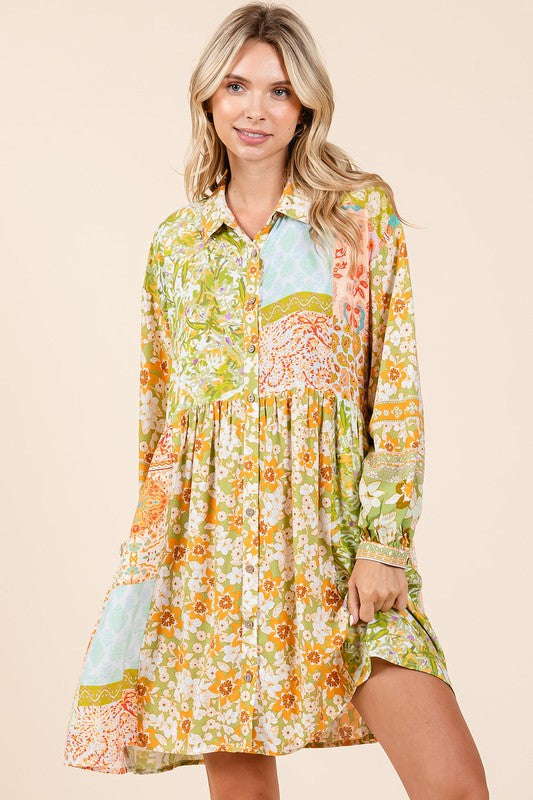 Floral Button Detail Long Sleeve Shirt Dress for Women