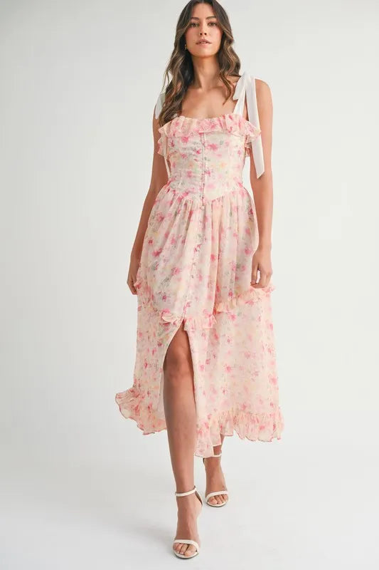 Robe Midi Imprimée Florale Élégante avec Bretelles