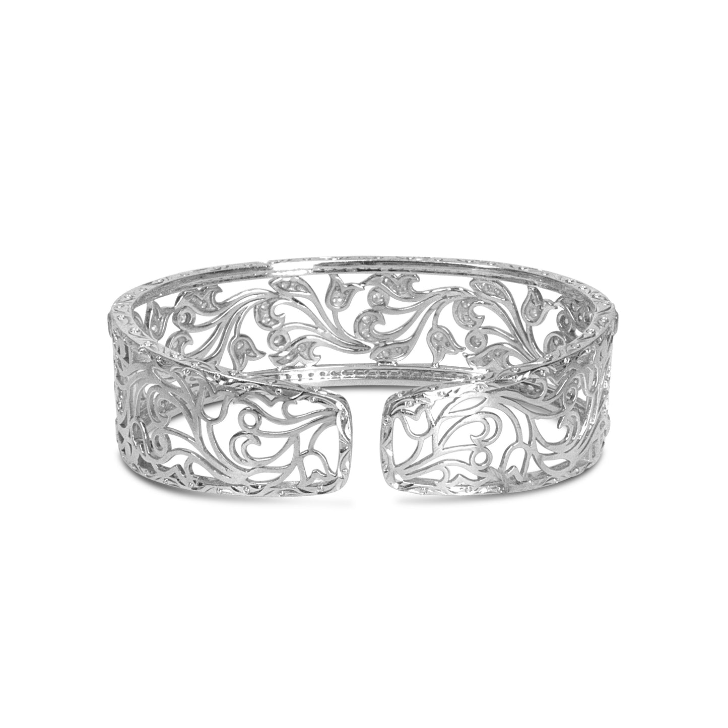 Brazalete Cuff de Filigrana Floral en Oro Blanco de 18K con Diamantes Pave