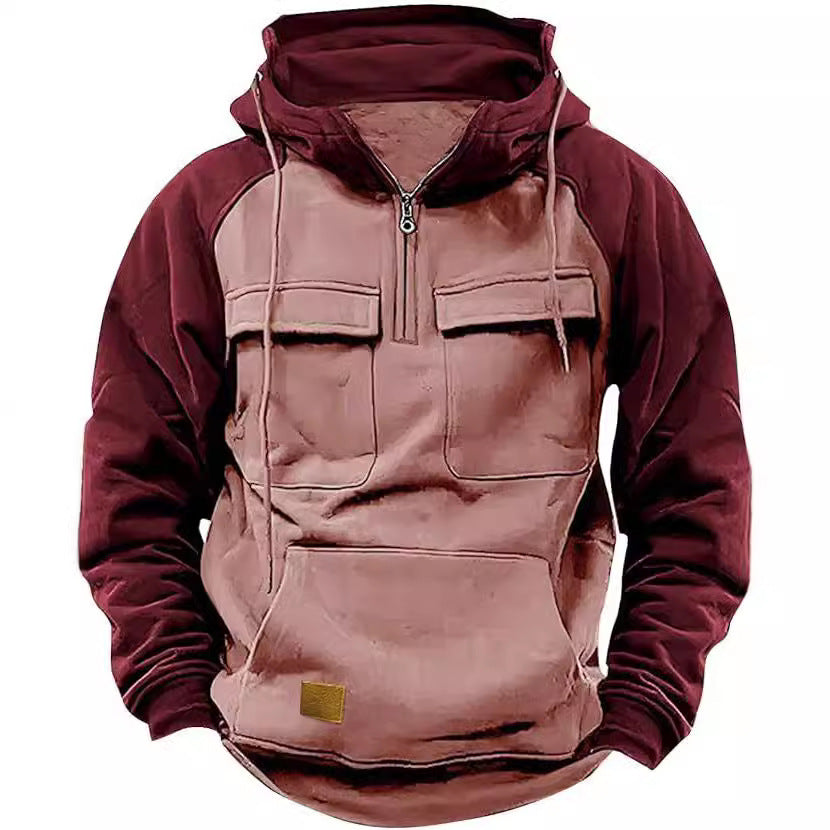 Men's Retro Cargo Hoodie with Half Zipper and Pockets
