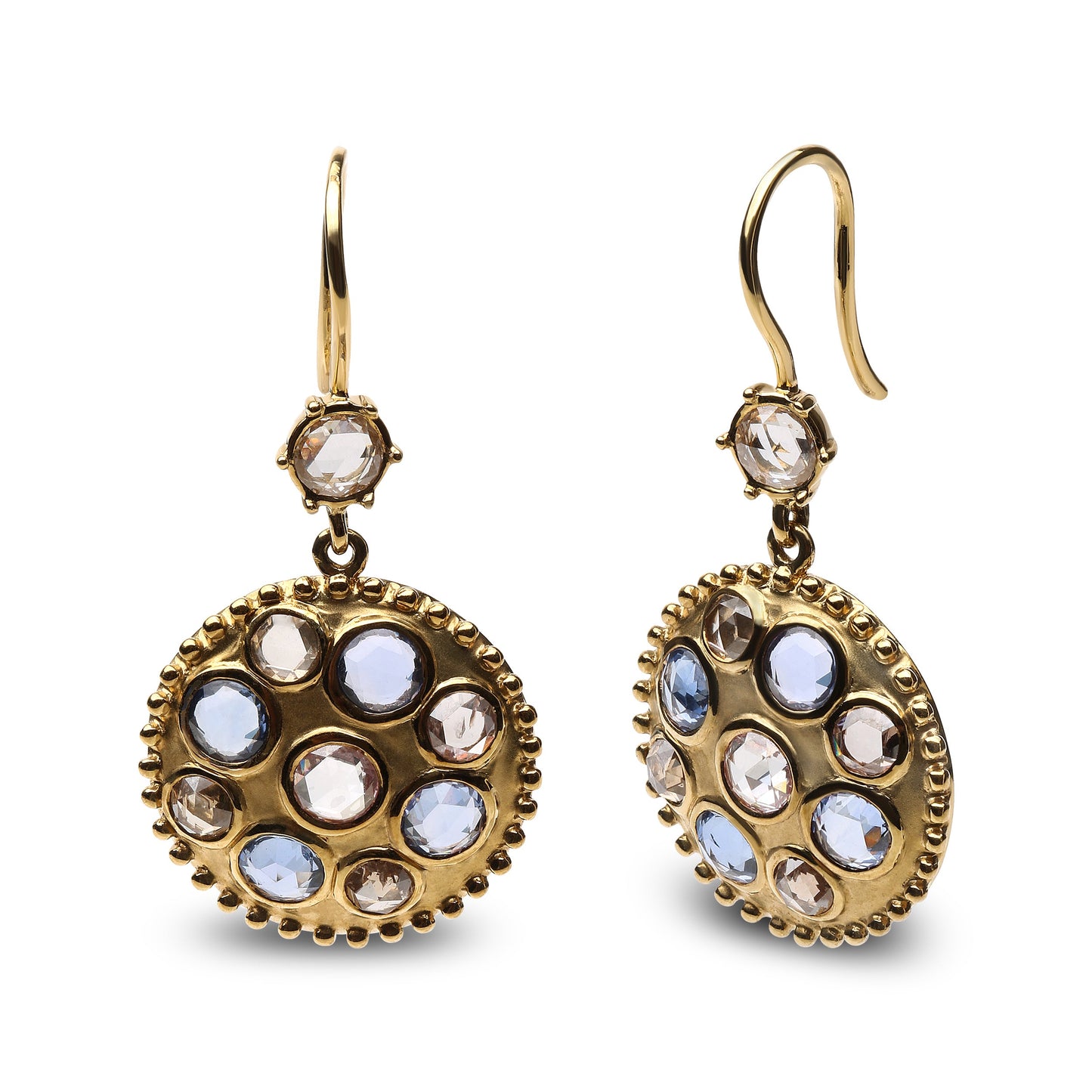 18K Yellow Gold Diamond and Blue Sapphire Dangle Earrings
