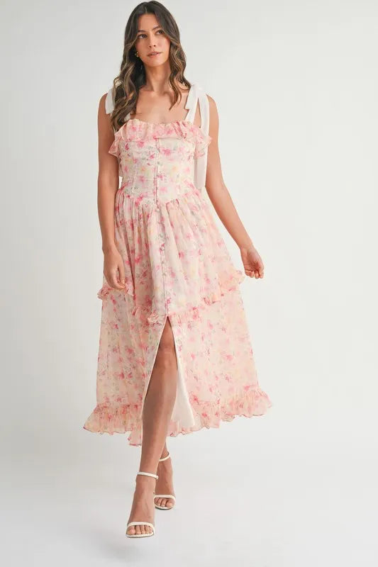 Robe Midi Imprimée Florale Élégante avec Bretelles