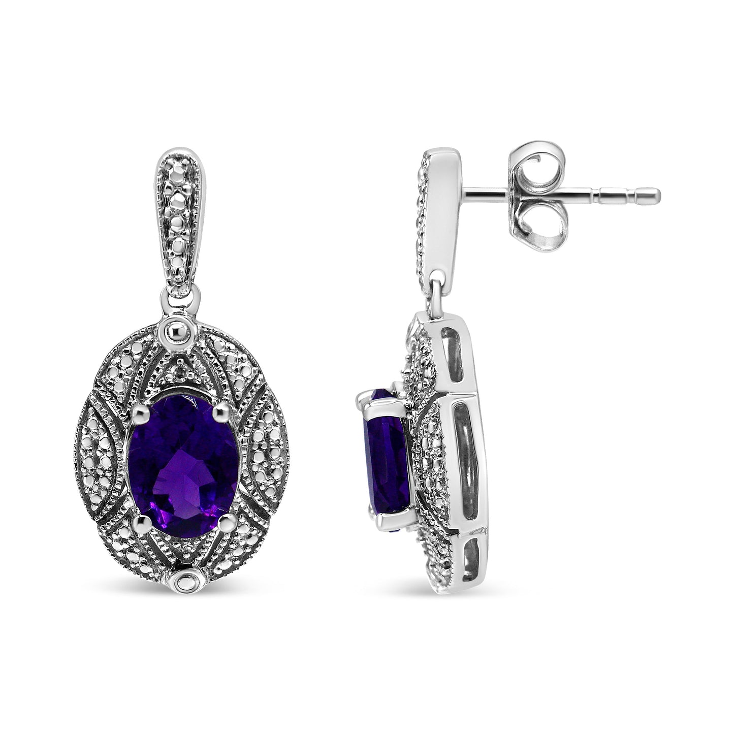 Pendientes de Stud de Acero Inoxidable de Plata .925 con Acentos de Amatista y Diamante
