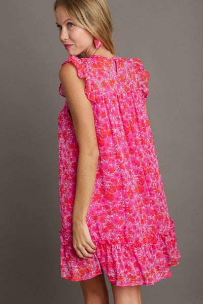 Pink Floral Ruffle Cap Sleeve Plus Size Dress