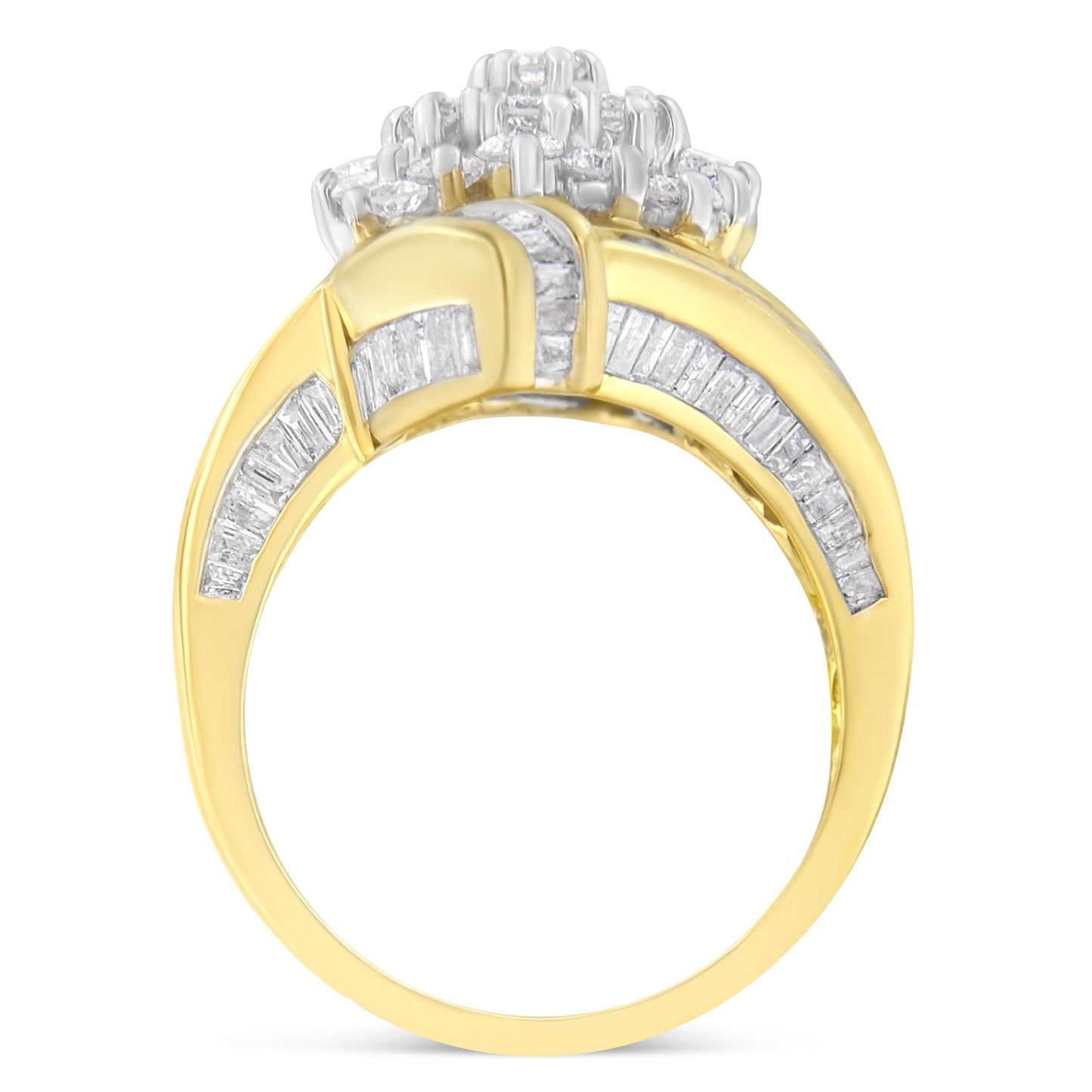 Bague en diamant croisée en or jaune 10K avec diamants ronds et baguette - Taille 7-1/2