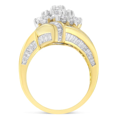 10K Yellow Gold Round and Baguette Diamond Crossover Cluster Ring - Size 7-1/2