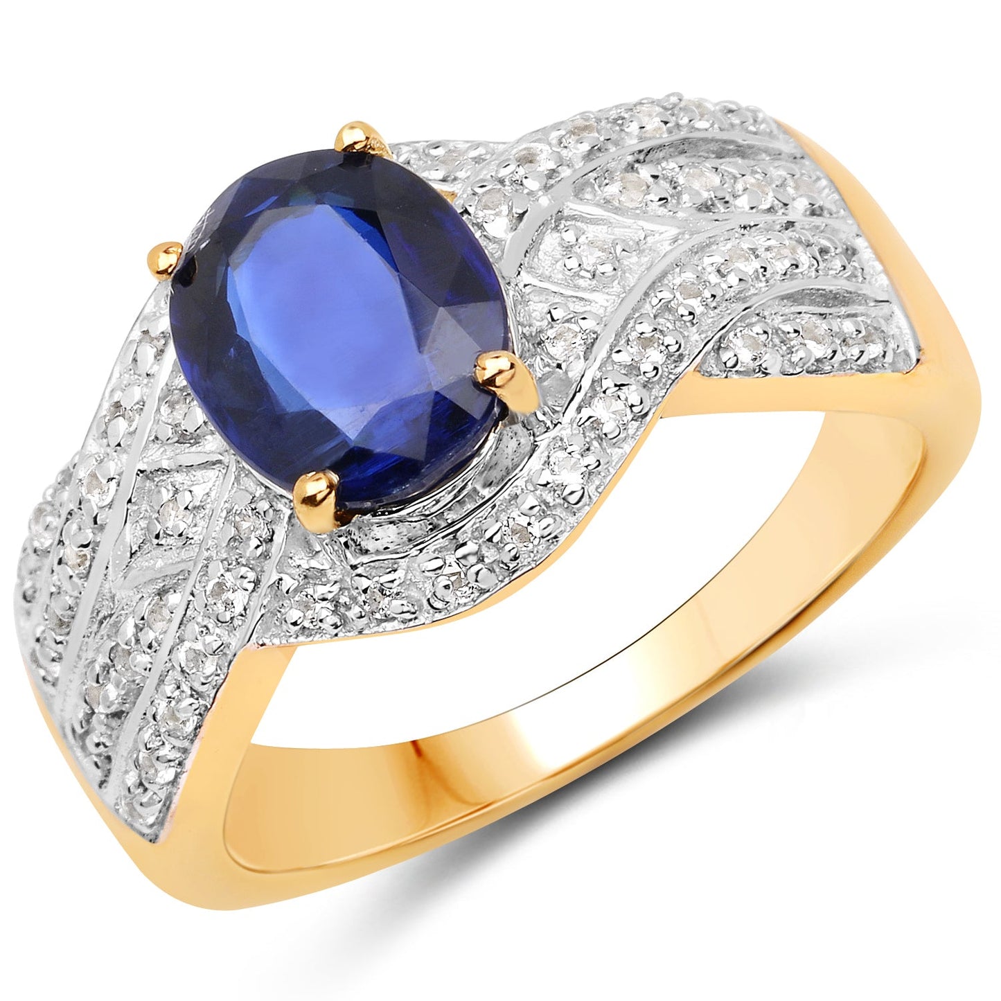 Anillo de Compromiso de Kyanita y Topacio Blanco Bañado en Oro Amarillo de 14K
