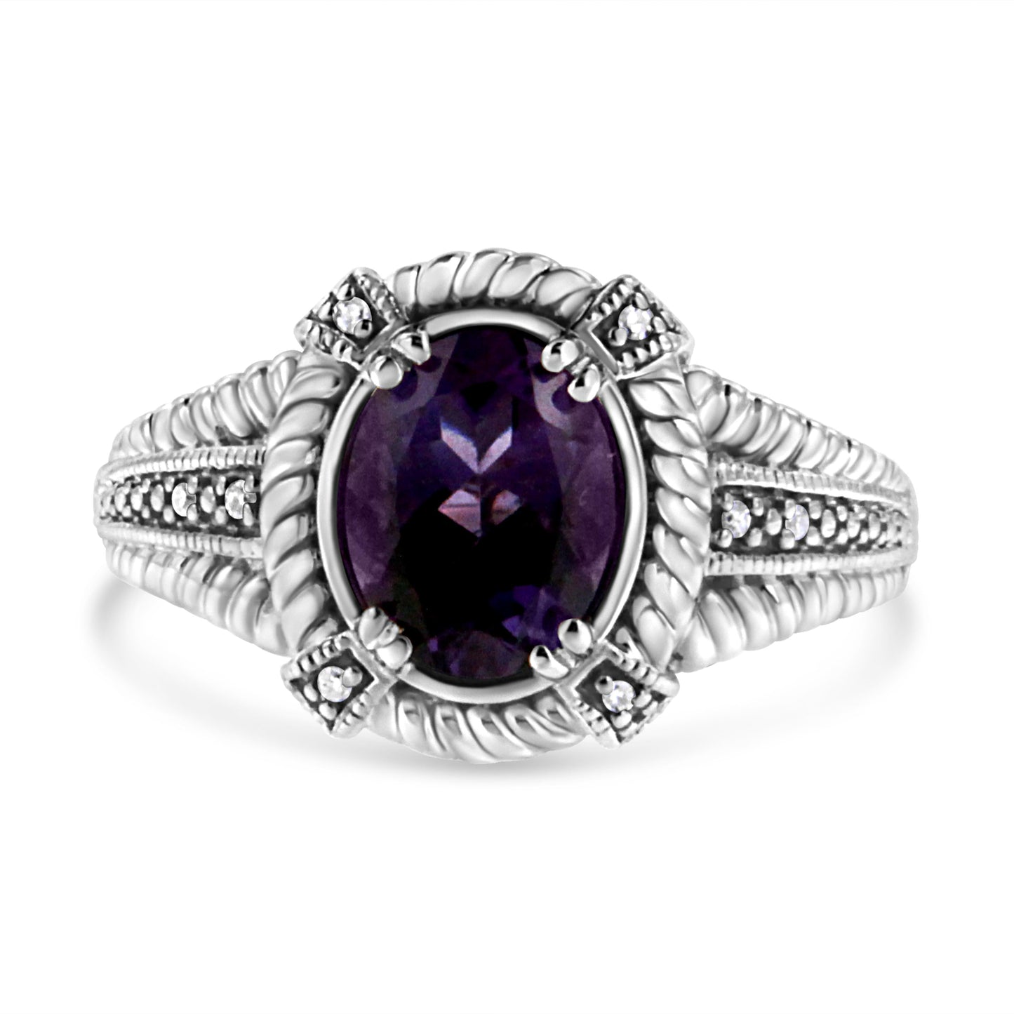 .925 Sterling Silver Amethyst and Diamond Accent Ring - Size 7