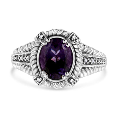 .925 Sterling Silver Amethyst and Diamond Accent Ring - Size 7