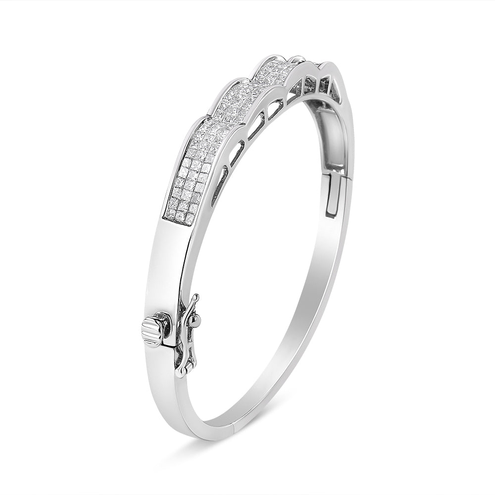 14K White Gold Princess-Cut Diamond Wave Bangle Bracelet - Size 7"