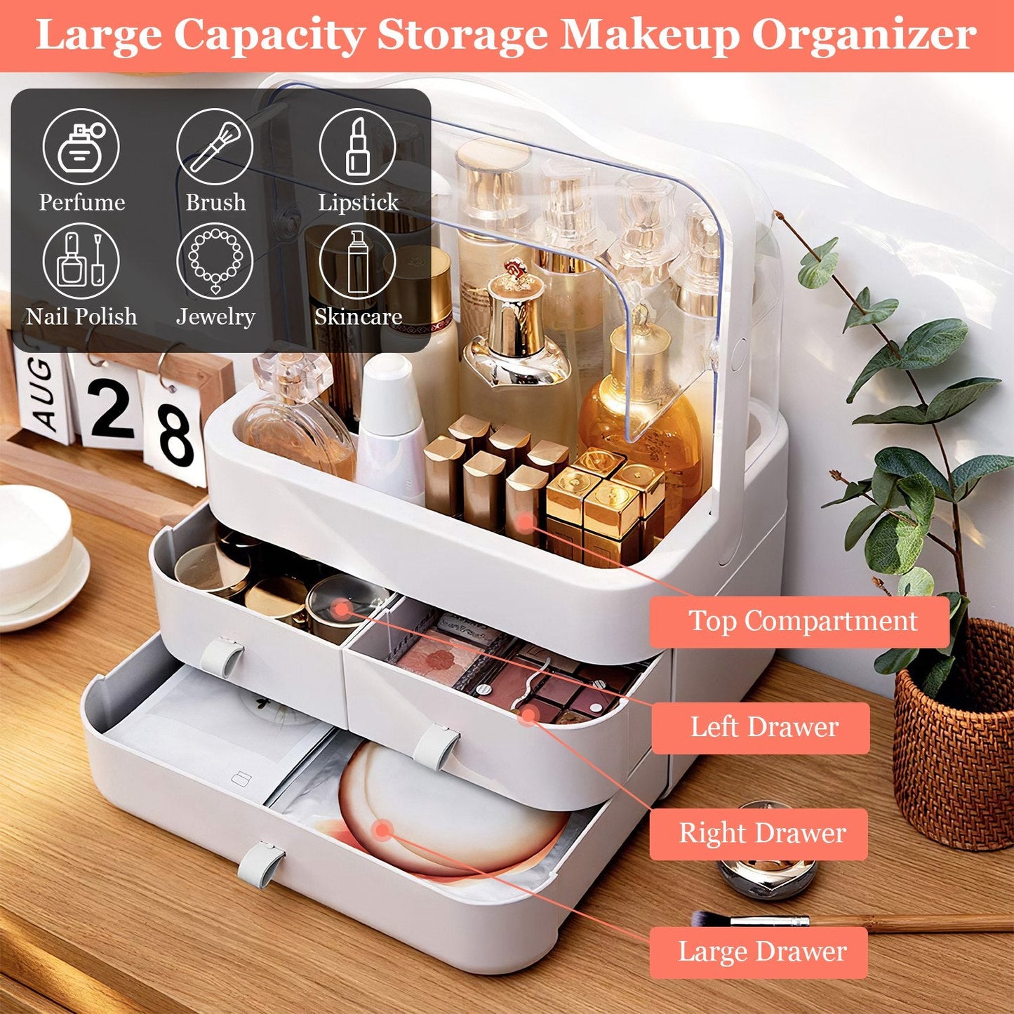 Organizador de Maquillaje de 3 Niveles con Tapa a Prueba de Polvo y Asa Portátil