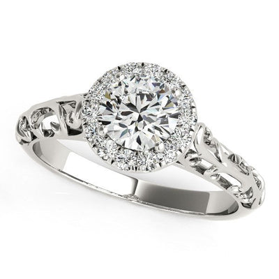 Anillo de Compromiso de Diamante Redondo Estilo Antiguo con Halo de Oro Blanco de 14k