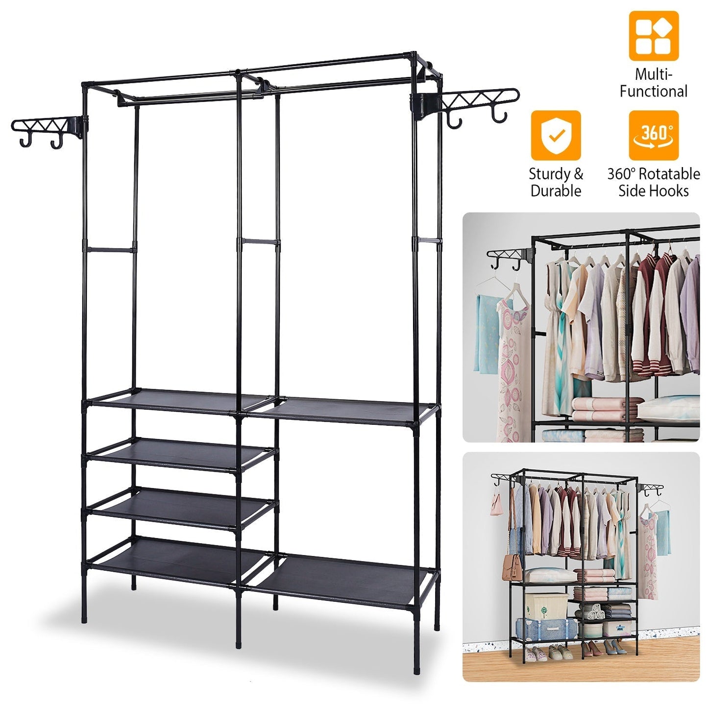 Freestanding Metal Garment Rack with Shelves and Hooks