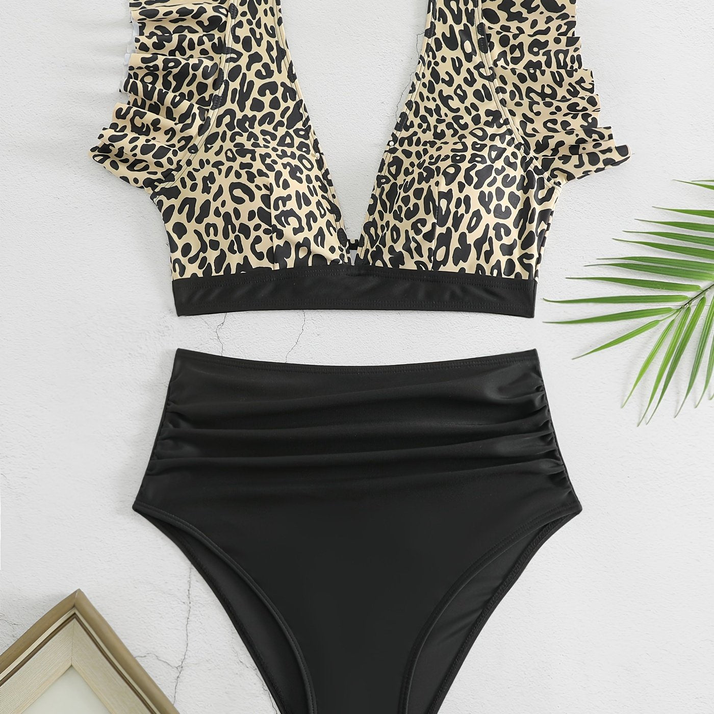 Elegant Black Ruffle V Neck High Waisted Bikini Set