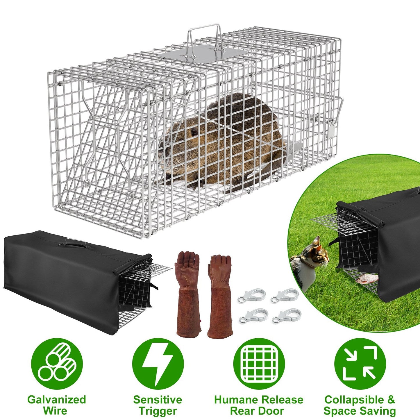 Humane Live Cat Trap Cage with Waterproof Cover
