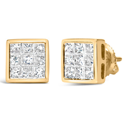 14K Yellow Gold Princess Cut Diamond Composite Stud Earrings