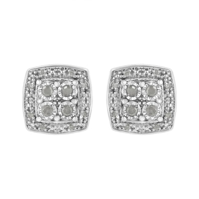 .925 Sterling Silver Round Cut Diamond Square Stud Earrings