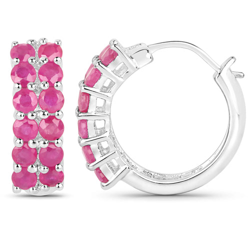 3.12 Carat Genuine Ruby Sterling Silver Hoop Earrings