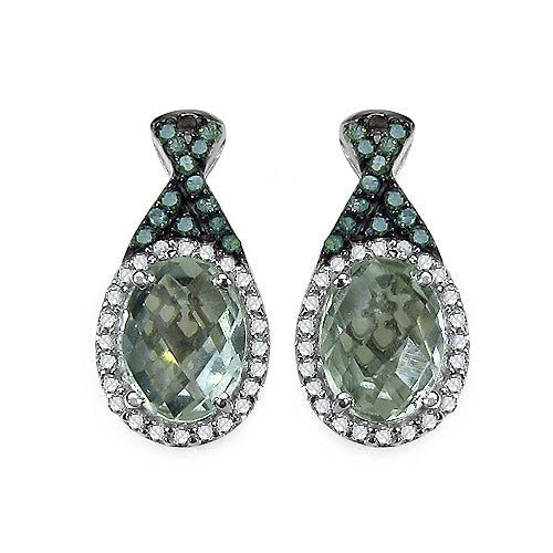 2.55 Carat Genuine Green Amethyst & Diamond Earrings in Sterling Silver