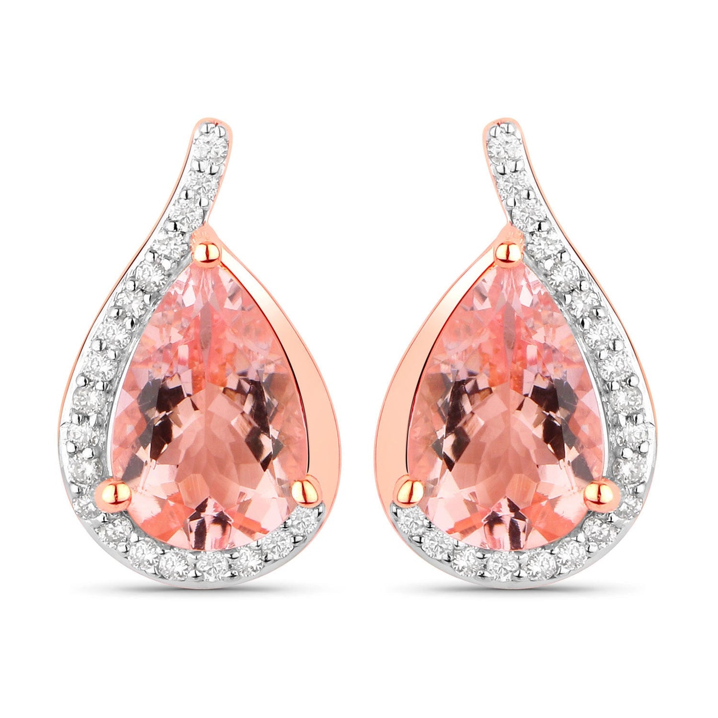 Boucles d'oreilles en morganite véritable de 2,43 carats et diamants blancs en or rose 14K