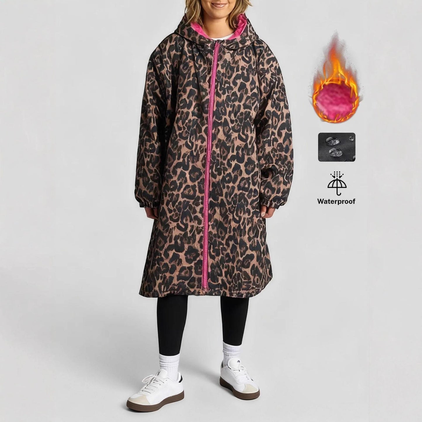 Fleece-Lined Hooded Leopard Print Trench Coat