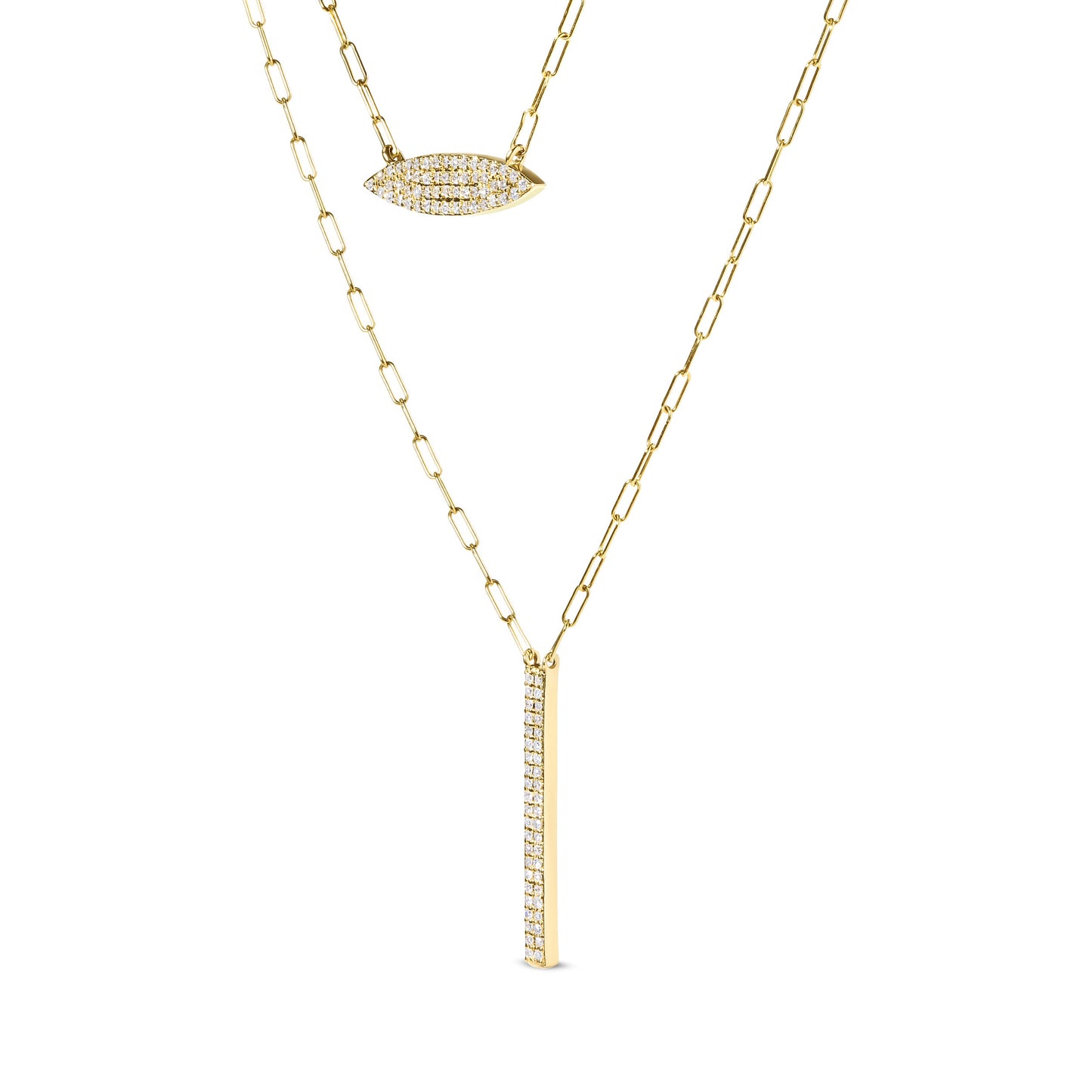 Collier à charms en marquise et barre à deux brins en or jaune 14K