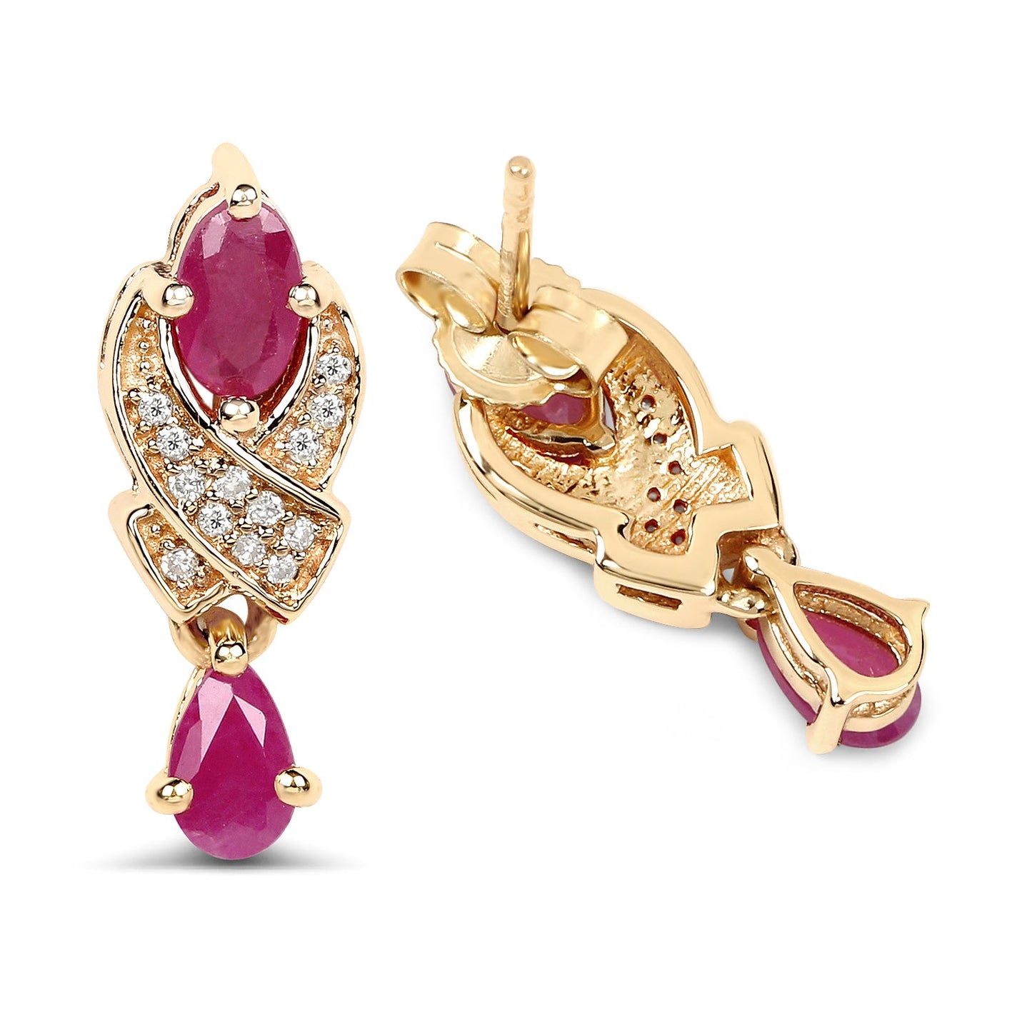 Pendientes de Rubí y Diamante Blanco de 1.12 Quilates en Oro Amarillo de 14K