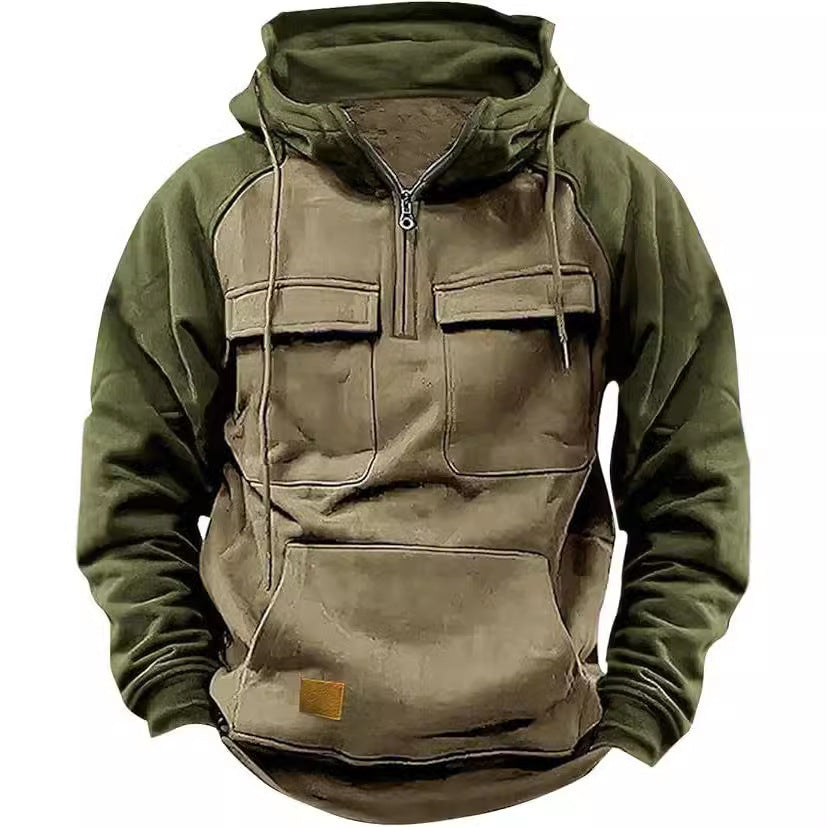Men's Retro Cargo Hoodie with Half Zipper and Pockets