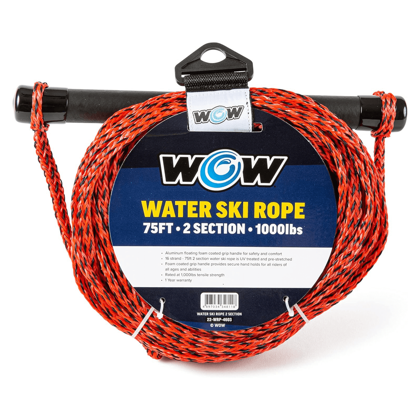 Corde de ski nautique WOW Watersports de 75 pieds en 2 sections traitée UV