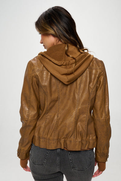 Chaqueta con capucha de cuero vegano de doble cremallera Coalition LA para mujeres