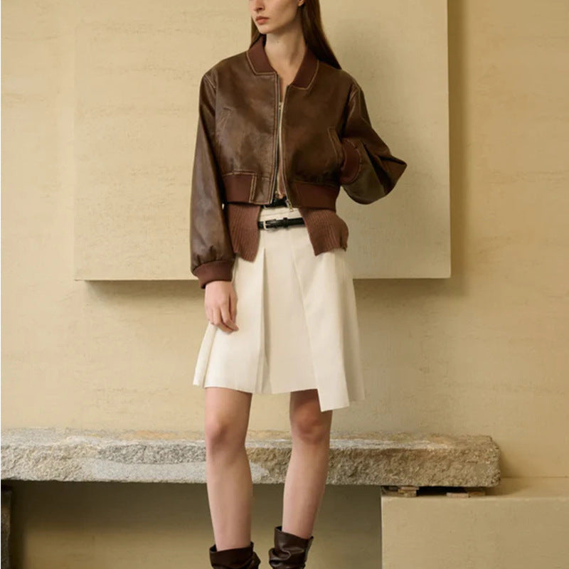 Chaqueta Bomber de Cuero con Cremallera de Inspiración Retro